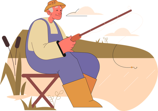 Old man doing fishing near a lake  Illustration