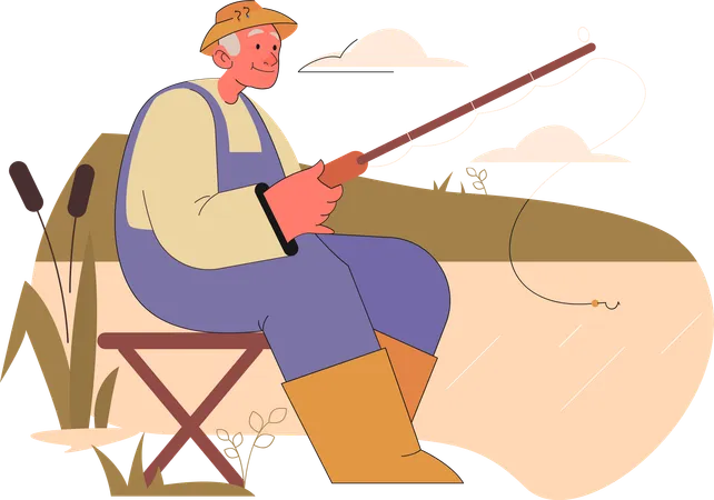 Old man doing fishing near a lake  Illustration