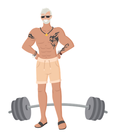 Old man doing weight lifting Illustration