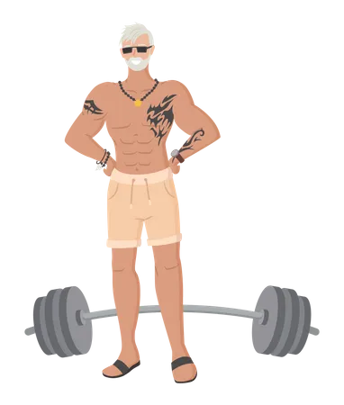 Old man doing weight lifting  Illustration