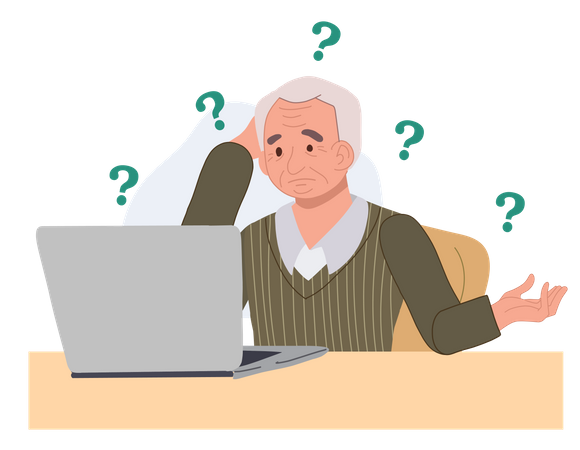 Old man don't know how to use laptop Illustration