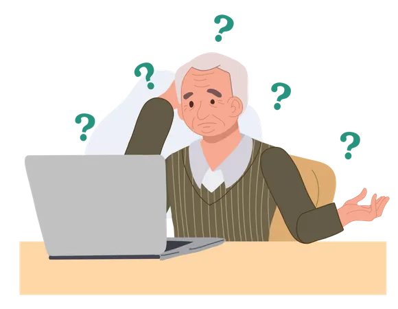 Old man don't know how to use laptop Illustration