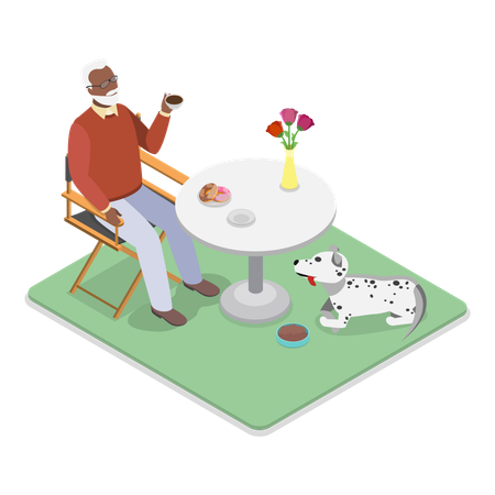 Old man enjoying coffee at outdoor with dog  Illustration