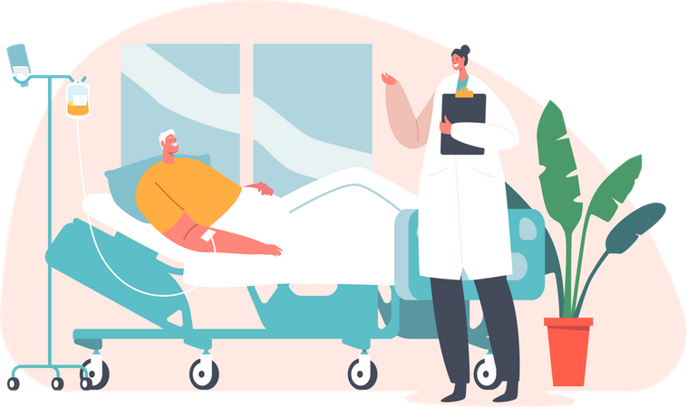 Old man getting blood iv drip  Illustration