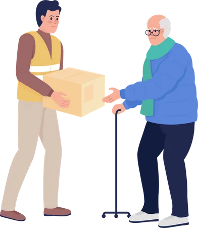 Old man getting humanitarian aid from volunteer Illustration