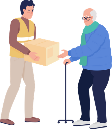 Old man getting humanitarian aid from volunteer  Illustration