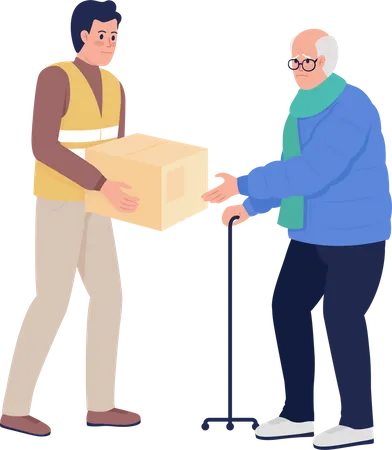 Old man getting humanitarian aid from volunteer  Illustration