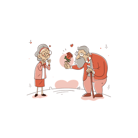 Old Man Giving Bouquet Of Flowers To His Wife  Illustration