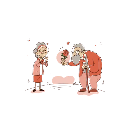 Old Man Giving Bouquet Of Flowers To His Wife  Illustration