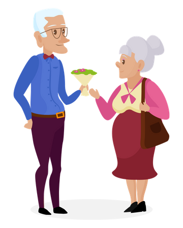 Old man giving bouquet to old woman  Illustration