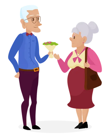 Old man giving bouquet to old woman  Illustration