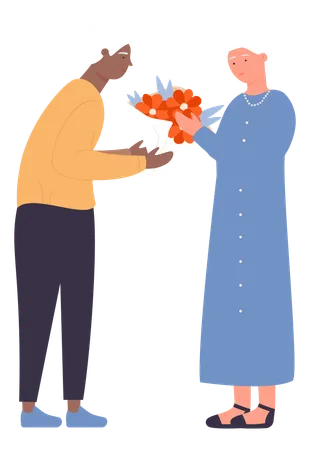 Old man giving bouquet to wife  Illustration