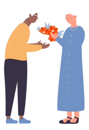 Old man giving bouquet to wife  Illustration