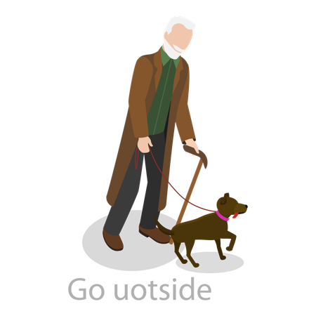 Old man go for an outside walk with pet dog  Illustration