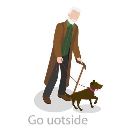 Old man go for an outside walk with pet dog  Illustration