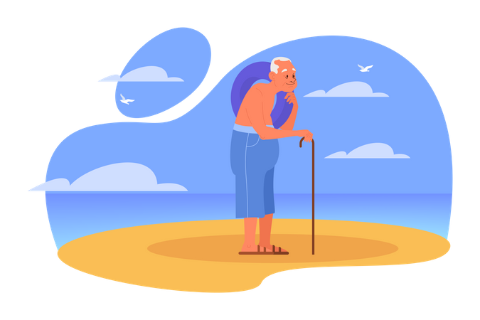 Old man going for swimming at beach using rubber ring  Illustration