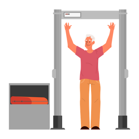 Old man going through the metal scanner at security check  Illustration