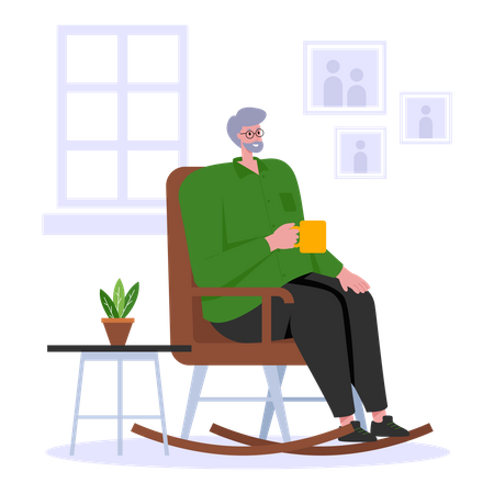 Old man having coffee while sitting on rocking chair  Illustration