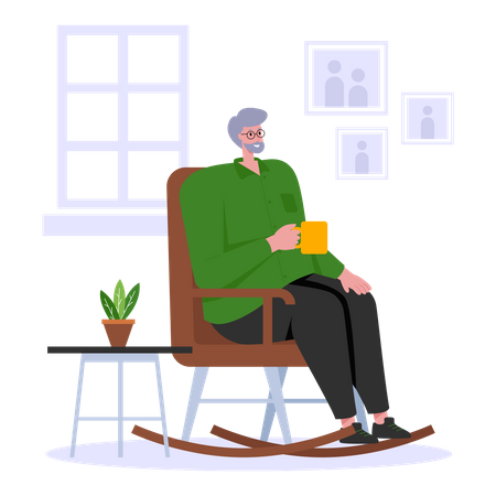 Old man having coffee while sitting on rocking chair  Illustration