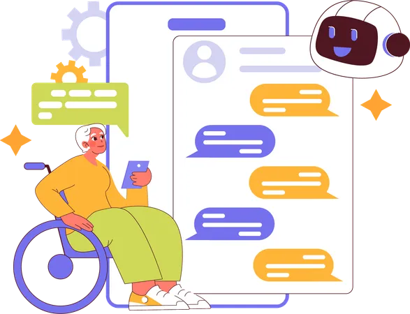 Old man having conversation with AI chatbot  Illustration