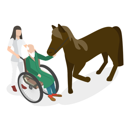 Old man having hippotherapy  イラスト