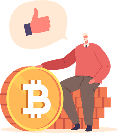 Old man holding bitcoin  Illustration