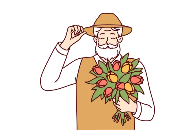 Old man holding flower bouquet  Illustration