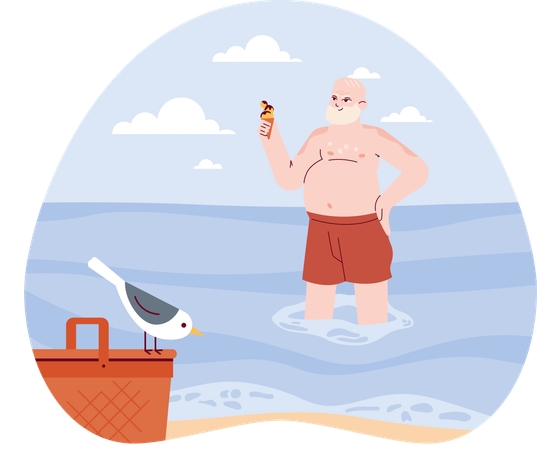 Old man holding ice cream cone  Illustration