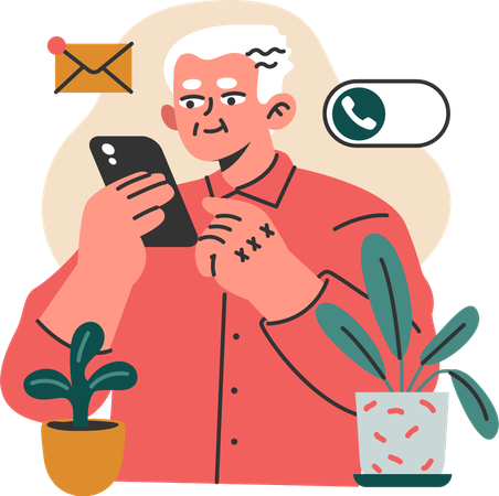 Old man holding mobile while checking message and call  Illustration