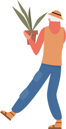 Old man holding plant pot  Illustration