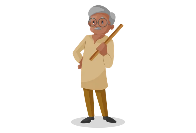 Old man holding stick in hand Illustration