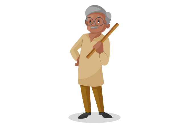 Old man holding stick in hand  Illustration