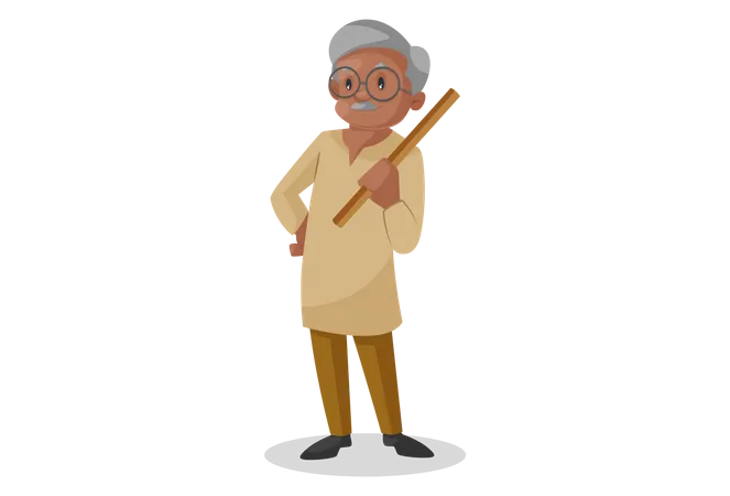 Old man holding stick in hand  Illustration