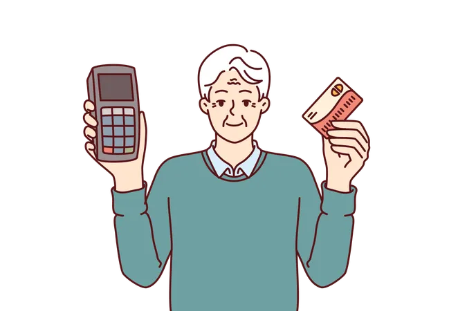 Old man holds POS terminal  Illustration