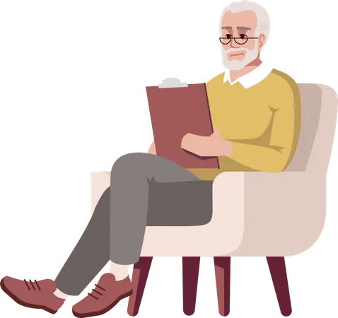 Old man in armchair with clipboard  Illustration