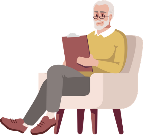 Old man in armchair with clipboard  Illustration