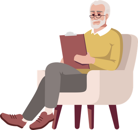 Old man in armchair with clipboard  Illustration