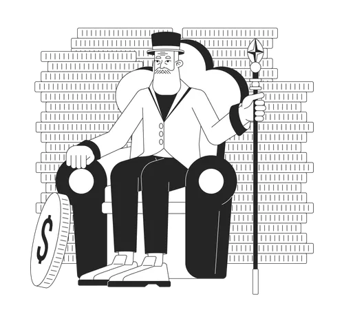 Old Man In Chair Holding Staff Bw Concept Vector Spot Illustration Rich Man On Coins Wall Background 2 D Cartoon Flat Line Monochromatic On White For Web UI Design Editable Isolated Color Hero Image Illustration