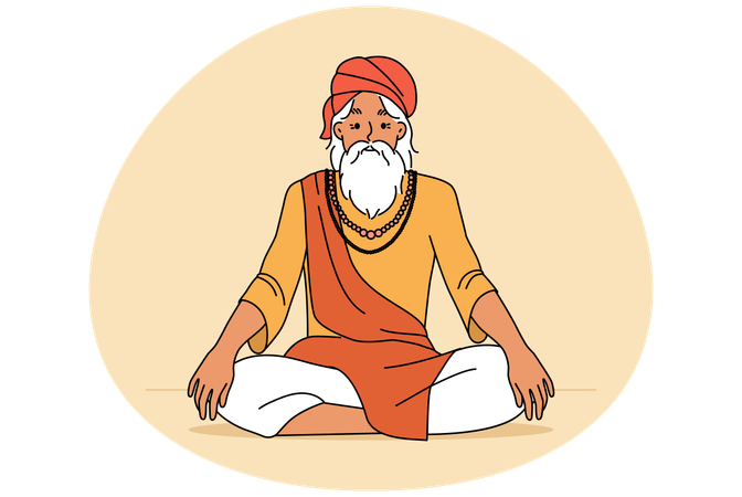 Old man in traditional clothes sitting in lotus position meditating  Illustration
