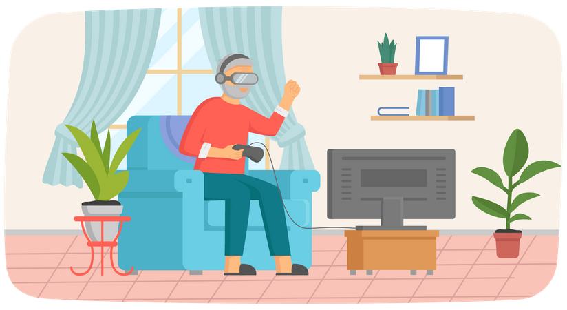 Old man in virtual reality glasses playing video game  Illustration