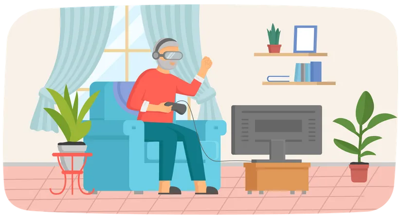 Old man in virtual reality glasses playing video game  Illustration