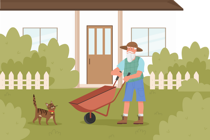 Old man in  yard with cat  Illustration