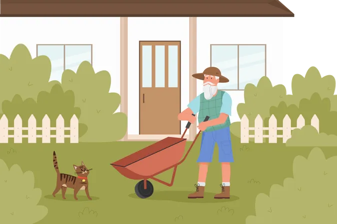 Old man in  yard with cat  Illustration