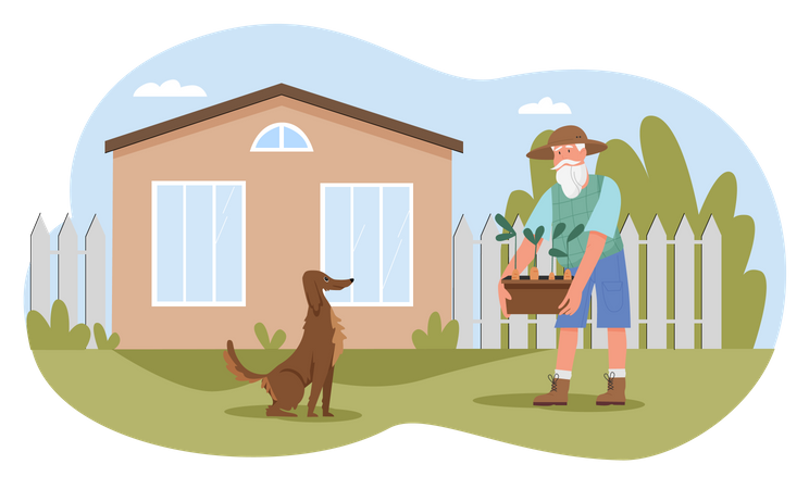 Old man in yard with dog  Illustration