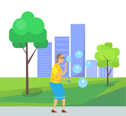 Old man is blowing bubbles in garden  Illustration