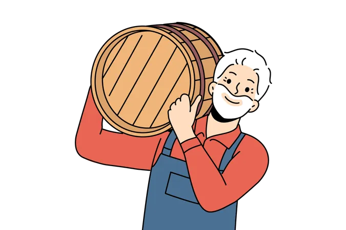 Old man is carrying oil barrel  Illustration