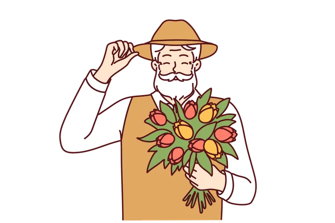 Cheerful Elderly Man Holds Bouquet Of Spring Flowers Touches Hat In Greeting For Happy Old Age Concept Positive Gray Haired Man With Mustache And Beard Holds Flowers Tulips Grown In Own Garden Illustration