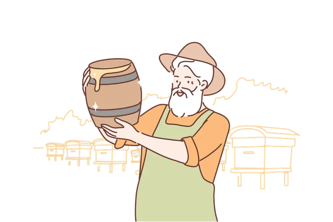 Occupation Beekeeping Honey Concept Old Man Senior Citizen Pensioner Farmer Beekeeper Cartton Character At Apiary Holding Honey In Barrels Rural Hobby And Creative Job On Farmland Illustration Illustration