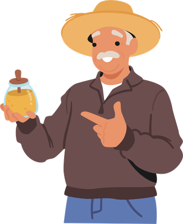 Old man is holding honey jar  イラスト