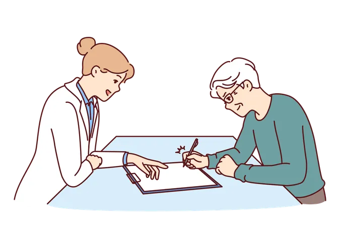 Old man is signing operation form  Illustration